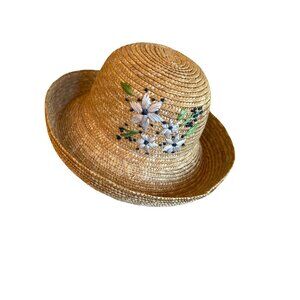 Womens Woven Straw Sun Hat Floral Embroidery Summer Boho
